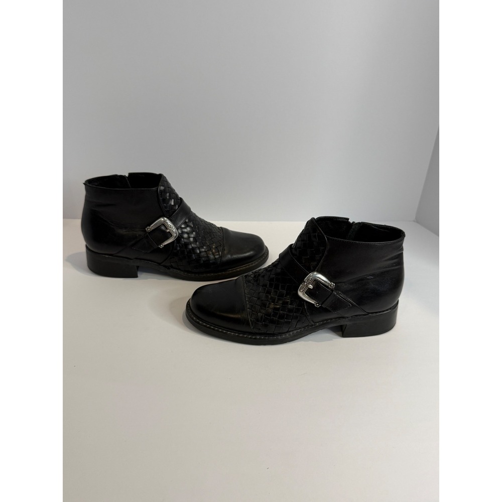 Brighton Black Woven Leather Ankle Boots Silver Buckle Made in Brazil Women's 8M